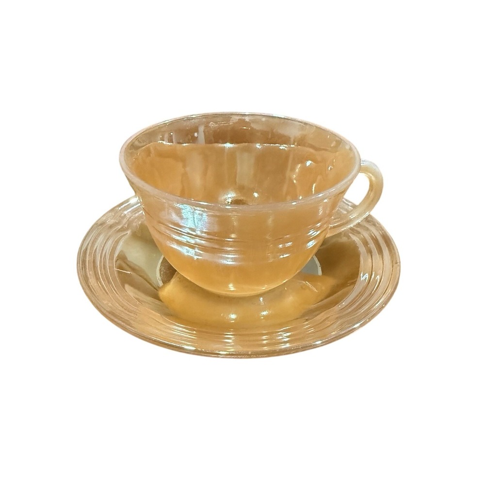 Anchor‎ Hocking Fire King Peach Lustre 3 Band Tea Cup Saucer MCM USA